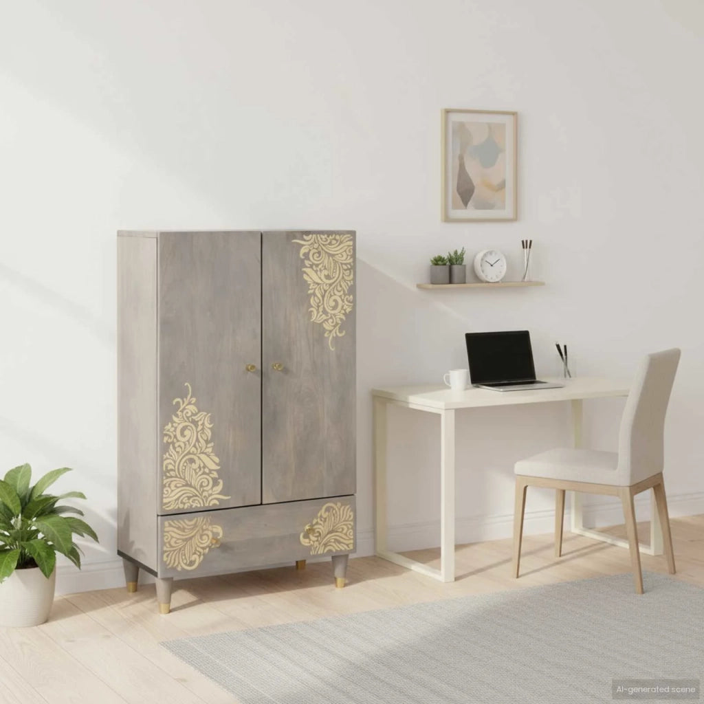 Credenza-Buffet-Armadio da cucina Grigio e Oro 60 x 33 x 100 cm Legno di mango massello