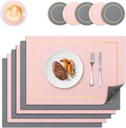 Set di tovagliette e sottotovagliette in pelle di PU, con 6 tovagliette e sottotovagliette, lavabile, finitura in pelle, tovagliette a doppia faccia, impermeabile, termoresistente, in pelle sintetica, tovaglietta, sottotovaglietta, rosso/grigio