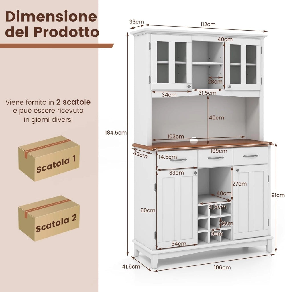 Credenza Alta Cucina, Armadietto Dispensa da Cucina con Portabottiglie, Ripiani Regolabili e 3 Cassetti, per Soggiorno e Sala da Pranzo, 106,5 x 42 x 184 cm (Bianco)