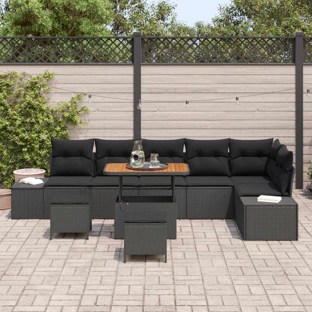 Set Divano da Giardino  9 Pezzi con Cuscini Nero Polyrattan Acacia