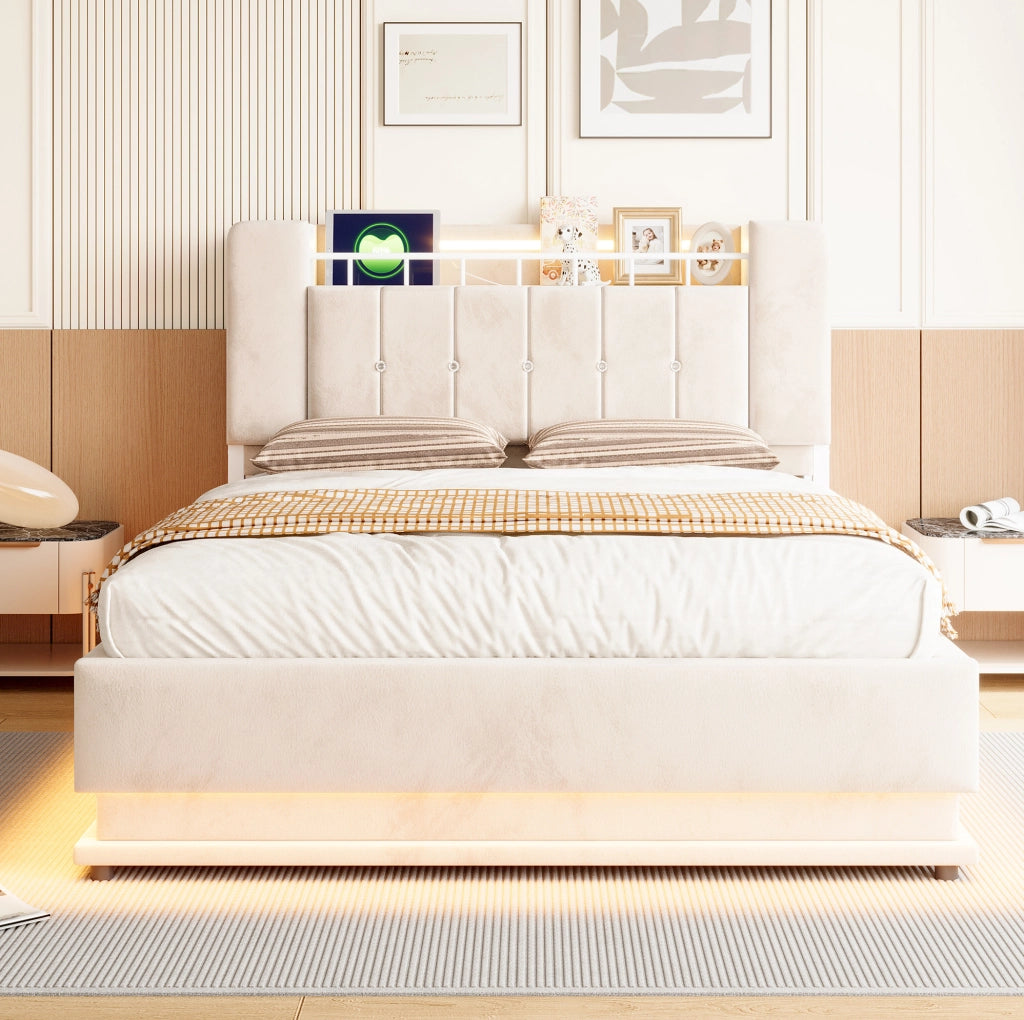 Letto imbottito 140x200 cm con LED; porte USB e vano contenitore idraulico; velluto beige