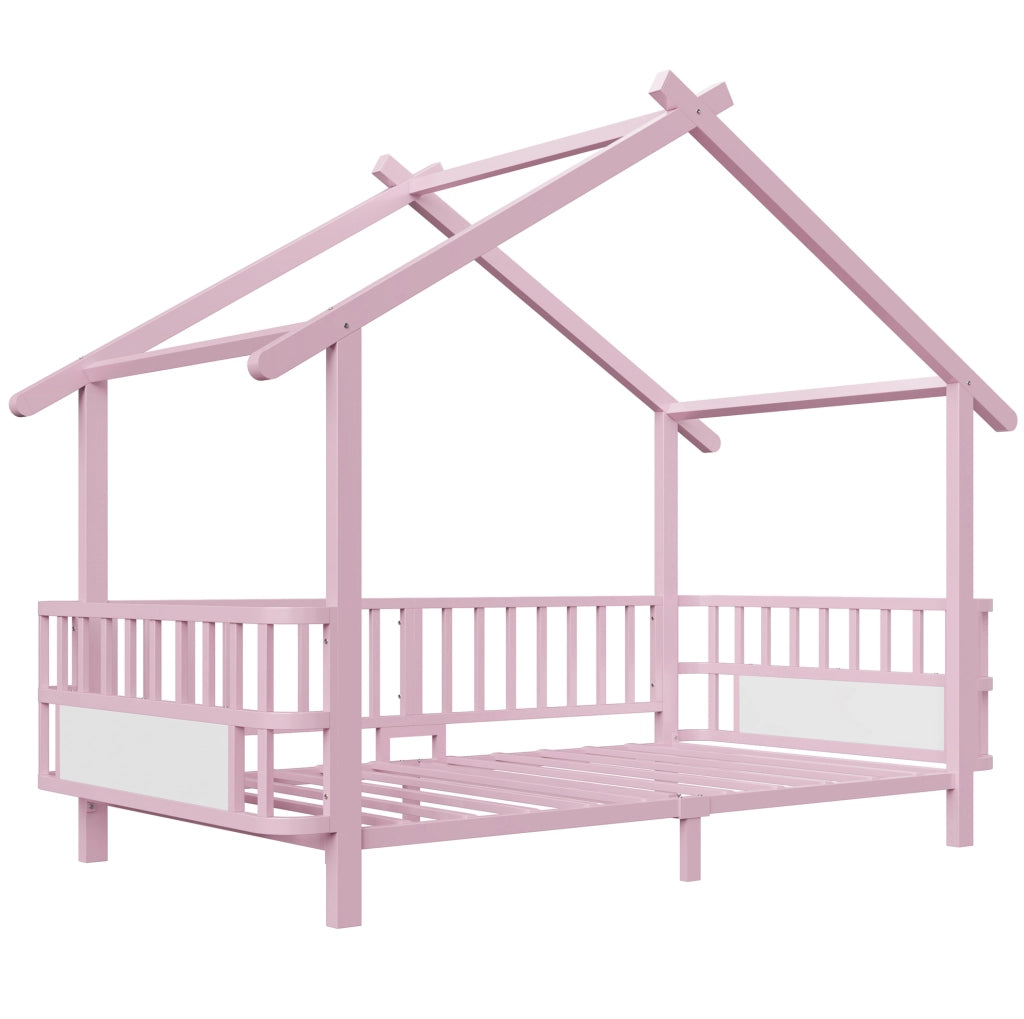 Letto a forma di casa 90x200 cm con sponde di sicurezza in metallo rosa
