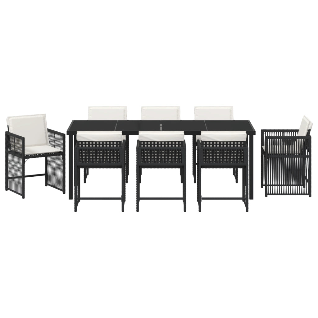 Set da pranzo da giardino di 9 pezzi con cuscini in polyrattan nero