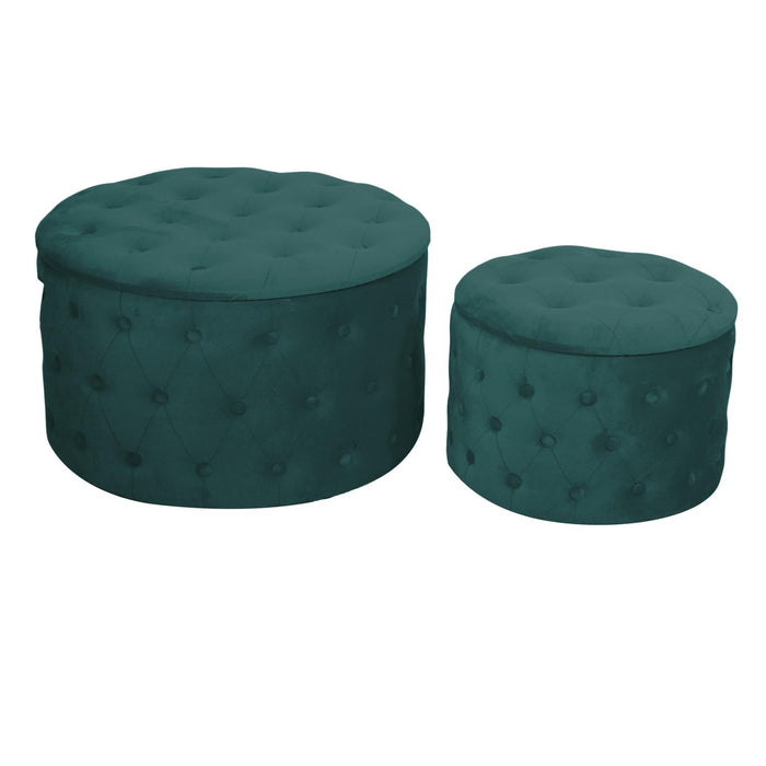 Set 2 Pouf Contenitore Ø50 cm e Ø70 cm in Tessuto Velluto Verde Salvia