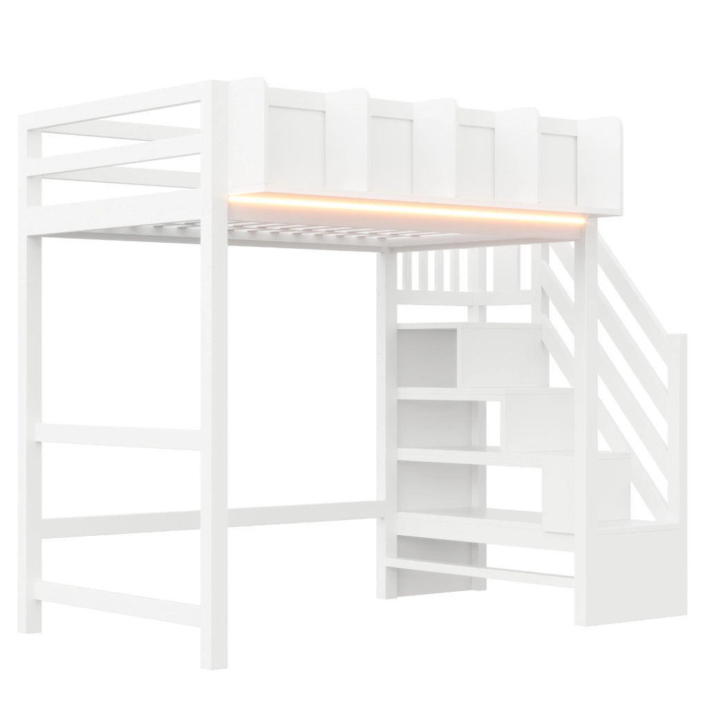 Letto a soppalco 90x200 cm con LED; scaletta e vani portaoggetti in legno bianco