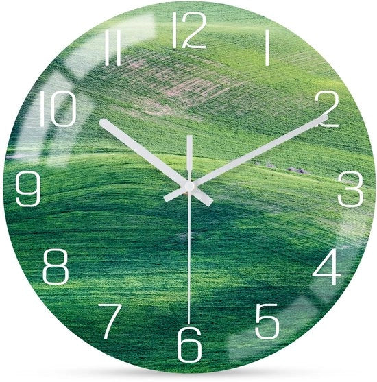 Cronometro moderno per parete, grande orologio silenzioso in vetro, decorazione per parete verde per soggiorno/cucina/bagno/camera da letto/ufficio, 30 cm