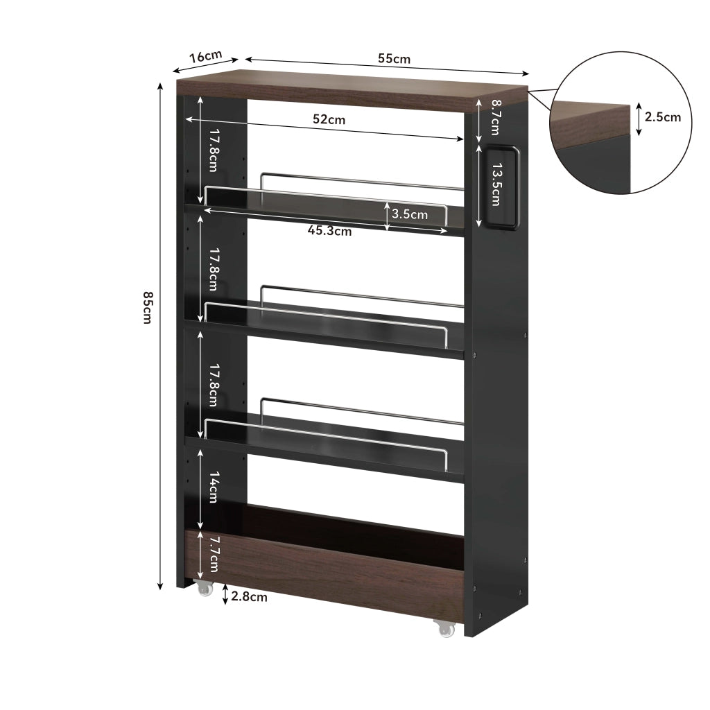 Carrello salvaspazio ultra stretto con 4 ripiani regolabili, nero e effetto legno, 55x16x85 cm