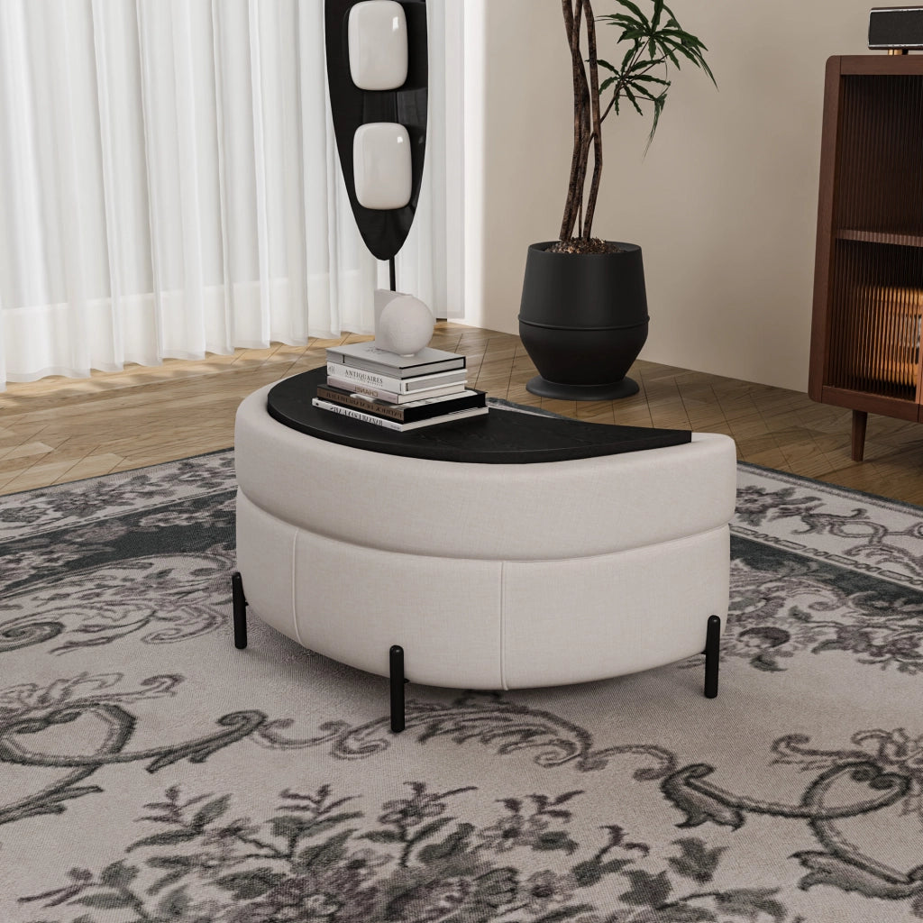Pouf Poggiapiedi con Vassoio ¨C MINIMAL ¨C Tessuto Chenille, Beige