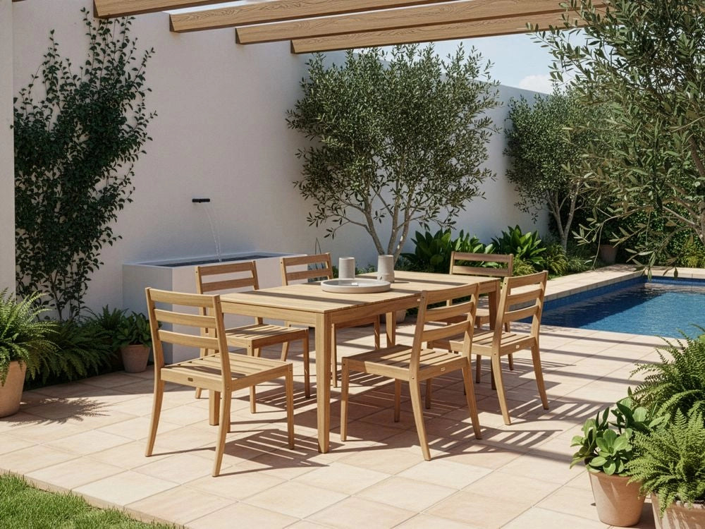 Set da pranzo da giardino con 6 sedie e tavolo marrone chiaro in legno di acacia certificato con piano rettangolare in stile rustico da esterno