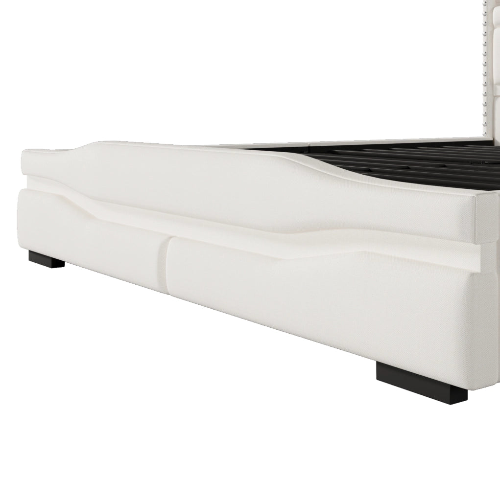 Letto imbottito ULEVR 160x200 cm con contenitore idraulico, LED, prese USB e Type-C, lino beige
