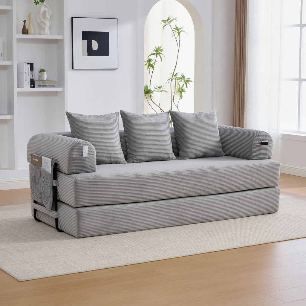 Divano modulare 3 posti con tasca laterale e 3 cuscini in corduroy grigio chiaro