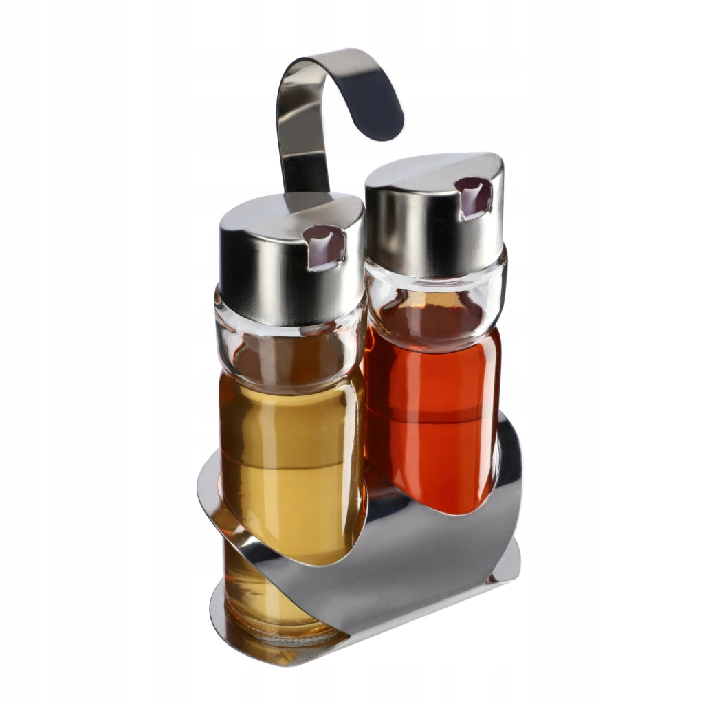 Set di 2 bottiglie in vetro KADAX da 0,1 l per olio d'oliva e aceto, con supporto.