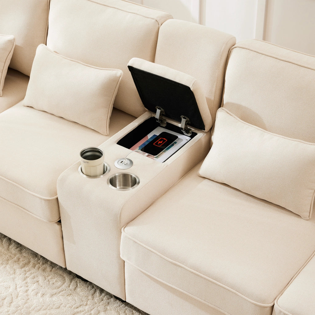 Divano Dritto 4 Posti con Consolle; 2 Portabicchieri e 2 Porte USB; Cuscini di Supporto; in Lino Beige