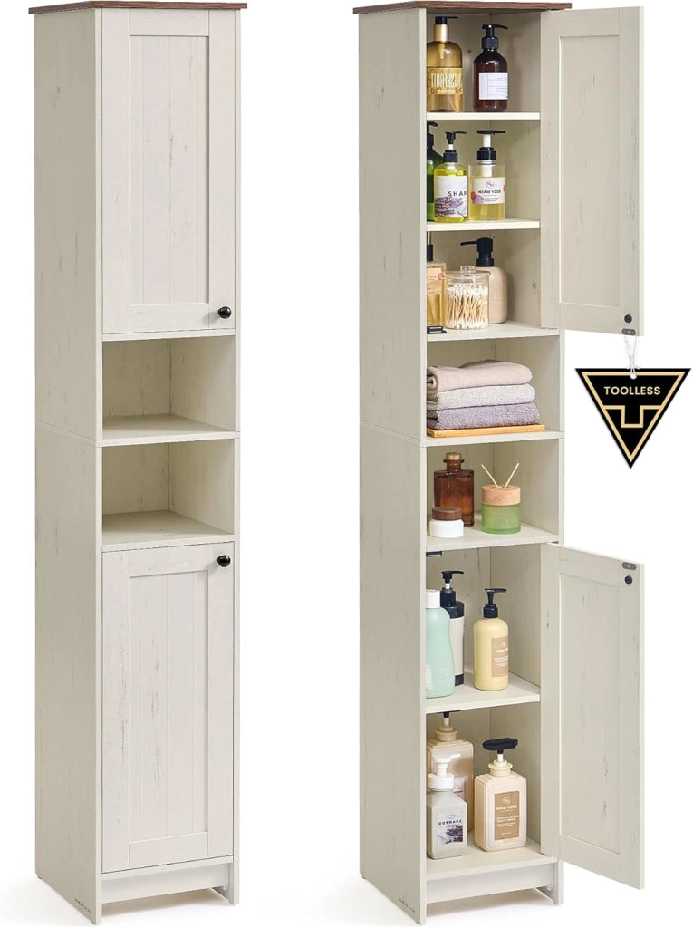 SONGMICS HOME Mobiletto da Bagno Stretto, Montaggio Rapido Senza Attrezzi Toolless, Mobile Compatto con Ripiani Regolabili per Soggiorno, Ingresso, 30 x 30 x 170 cm, Bianco Vintage BBC667WJ01