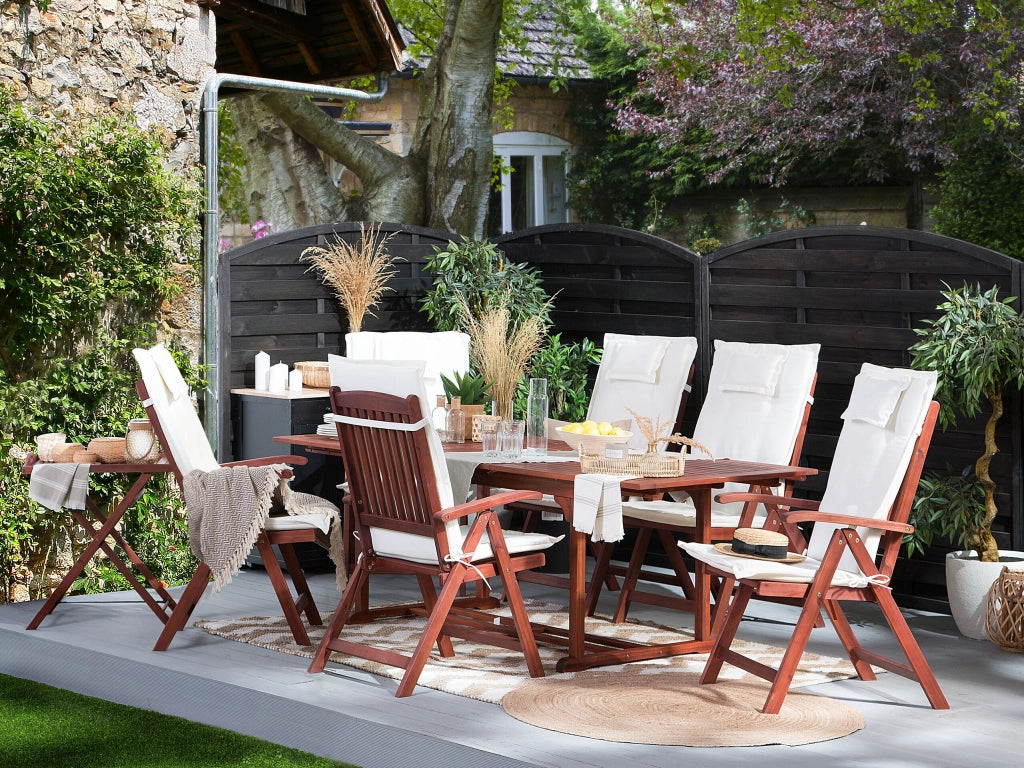 Set da pranzo da giardino Tavolo allungabile legno acacia chiaro 6 sedie con cuscini bianco sporco Schienale regolabile pieghevole rustico