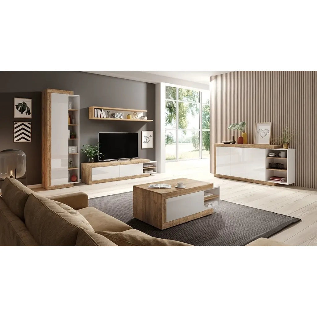 Set di 5 mobili da salotto collezione SINATRA. Colore quercia e bianco lucido.