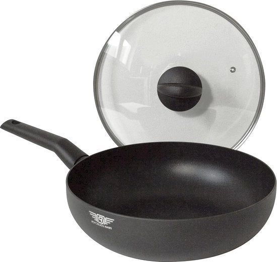 Wok Prima Collection Nero con Antiaderente - Copertura in Vetro Resistente al Calore - Induzione - Diametro 28 cm