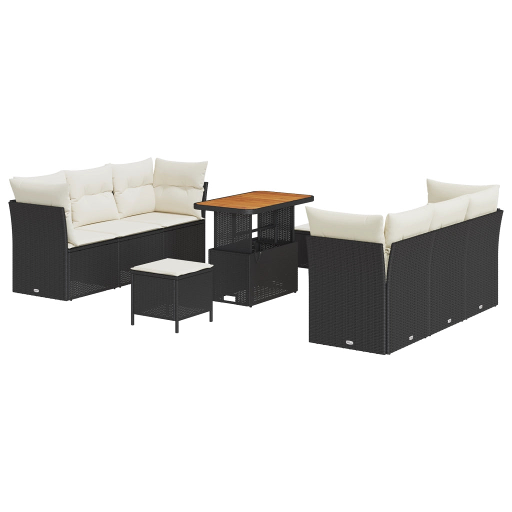 Set Divano da Giardino  a 9 Pezzi con Cuscini Nero Rattan PE Acacia