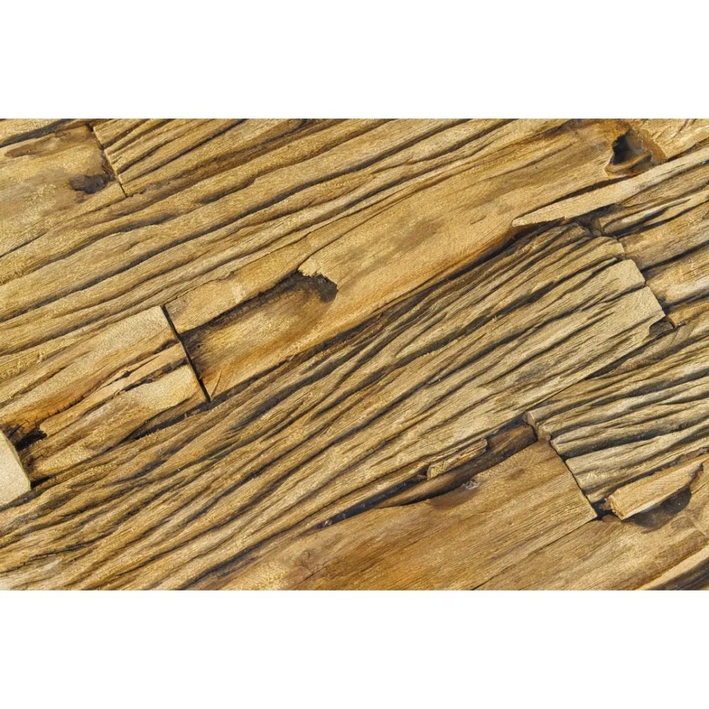 Tavolino basso RAFTA 110 cm in teak riciclato con vetro temperato – Design industriale con gambe incrociate in metallo