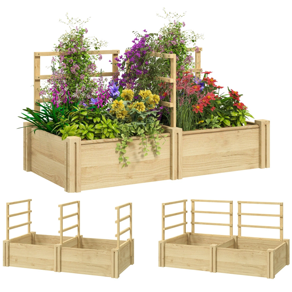 Letto per Orto con 3 Tralicci e 2 Fioriere in Legno di Abete con Fondo Aperto, 119x62.5x64 cm, color Legno