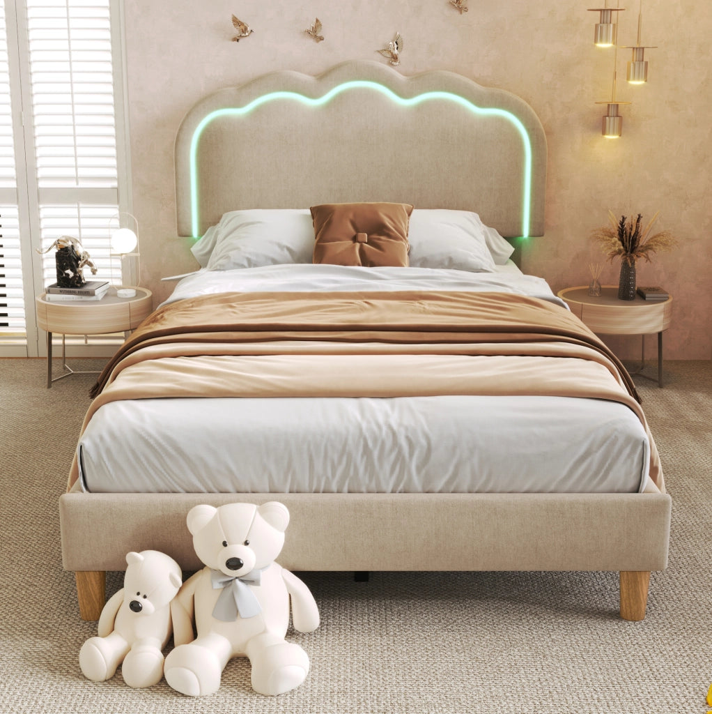 Letto singolo imbottito LED beige 90x200 cm con testiera regolabile