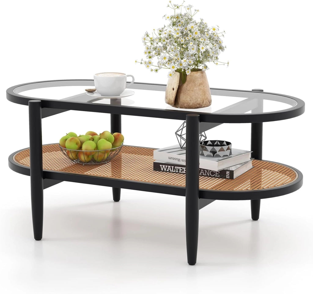 Tavolino da Salotto in Legno Massello e Vetro, Tavolino Basso a 2 Piani con Spazio di Archiviazione, Tavolo Ovale Elegante per Soggiorno e Ufficio (Nero)