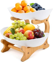 Etagère a tre piani con piatto di servizio in bambù bianco per frutta, torta e dolci