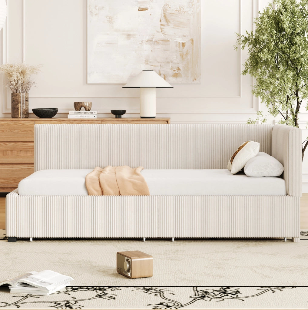 Divano letto imbottito in velluto beige 90x200 cm con 2 cassetti e rete a doghe