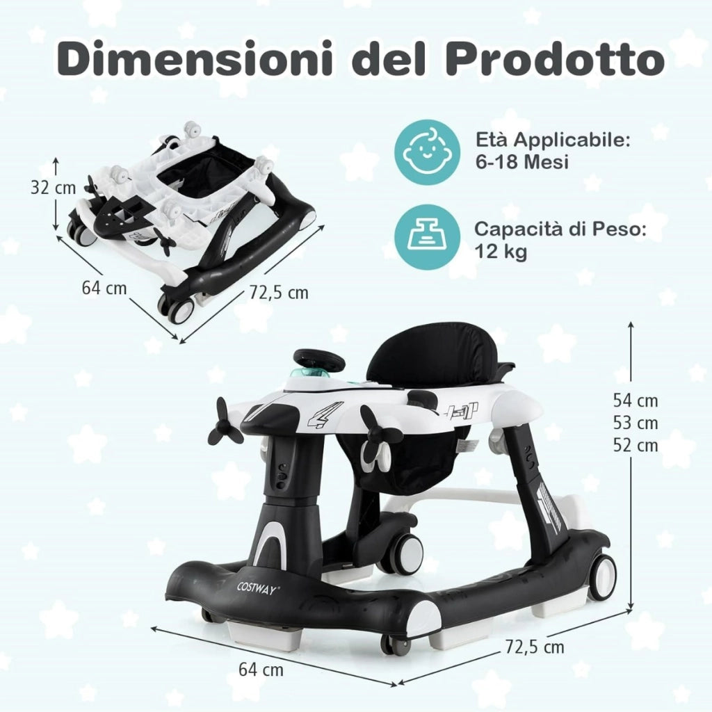 Camminatore pieghevole a tema aeroplano con altezza regolabile a 3 livelli, Camminatore per bambini 6 in 1 con ruote Bianco-Passeggini per bimbi