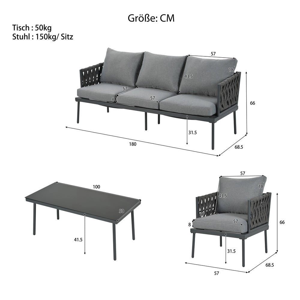 Set da giardino con cuscini - Zephmum- Divano 3 posti, 2 poltrone, tavolino in vetro, acciaio zincato grigio