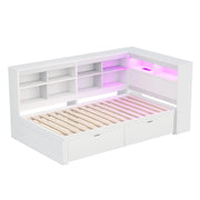 Letto singolo 90×200 cm con USB; LED; ripiani e cassetti; senza materasso; legno; bianco