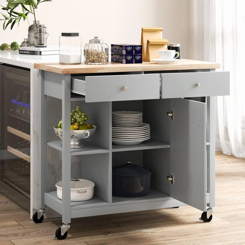 Carrello da cucina con ruote, isola da cucina con piano di lavoro, carrello da portata con ripiani regolabili, carrello da cucina, mobile da cucina con 2 cassetti e porta, trolley da cucina