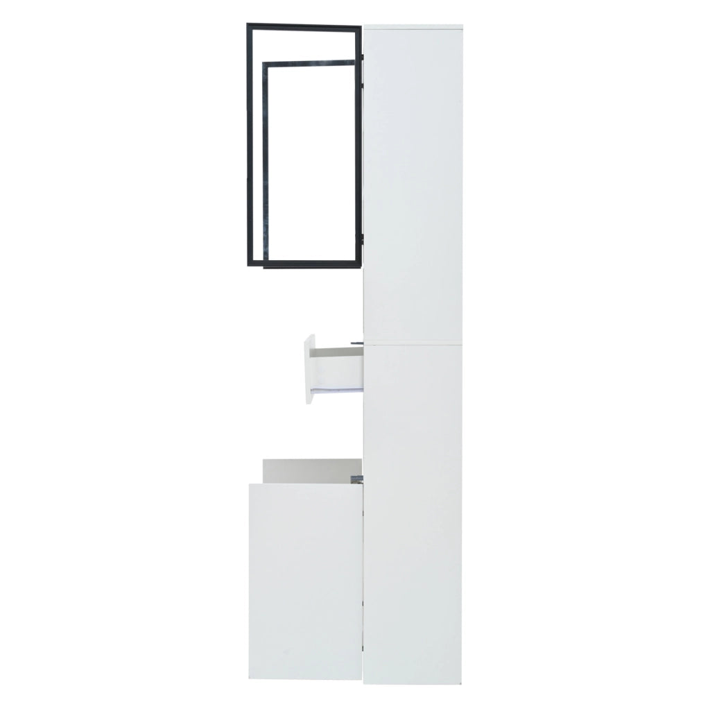 Vetrina 70x30x200 cm bianca in truciolare con LED e contenitore