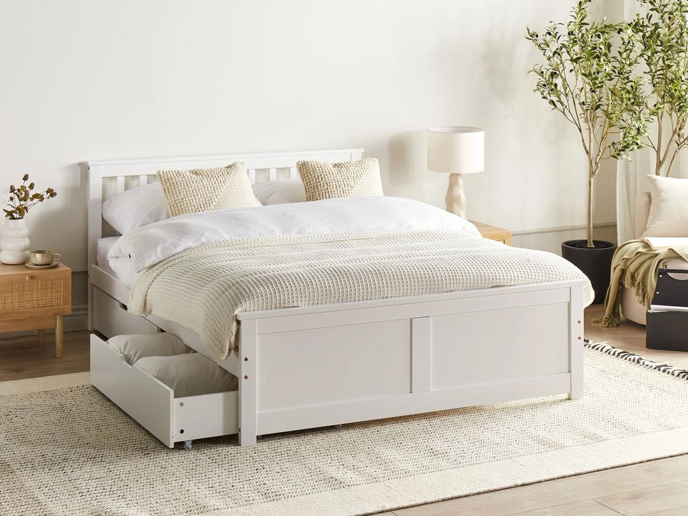 Letto matrimoniale Legno di Pino bianco con Rete a Doghe con 4 cassetti 140 x 200 cm Testiera a doghe minimalista