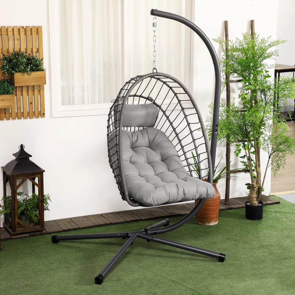 Dondolo Pensile da Giardino in Rattan PE con Cuscino Seduta Pieghevole e Struttura in Acciaio Grigio