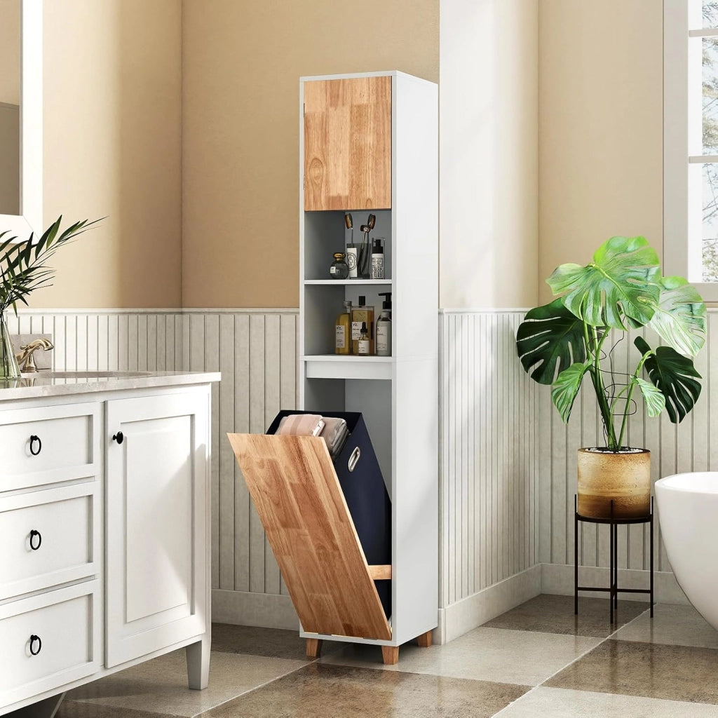 Mobile da Bagno, Armadio Salvaspazio per Biancheria con Cestello Inclinabile, Ante in Legno in Gomma, 3 Ripiani e Cesta Porta Biancheria Rimovibile, Ideale per Soggiorno e Cucina