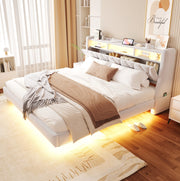 Letto imbottito 180x200 cm in velluto beige con LED; USB; Type-C e testiera ribaltabile