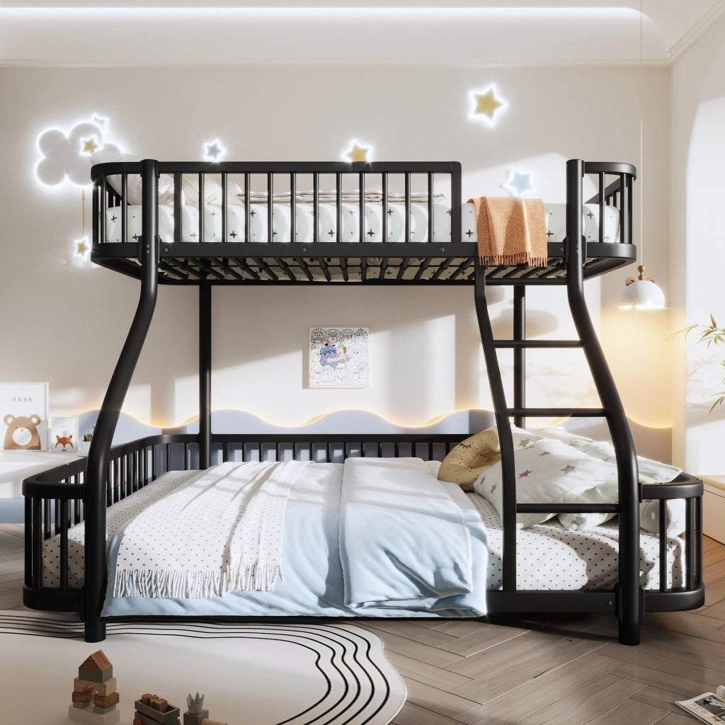 Letto a castello per bambini 90x200 + 140x200 cm; in metallo con barriere di sicurezza e scala; letto familiare; nero