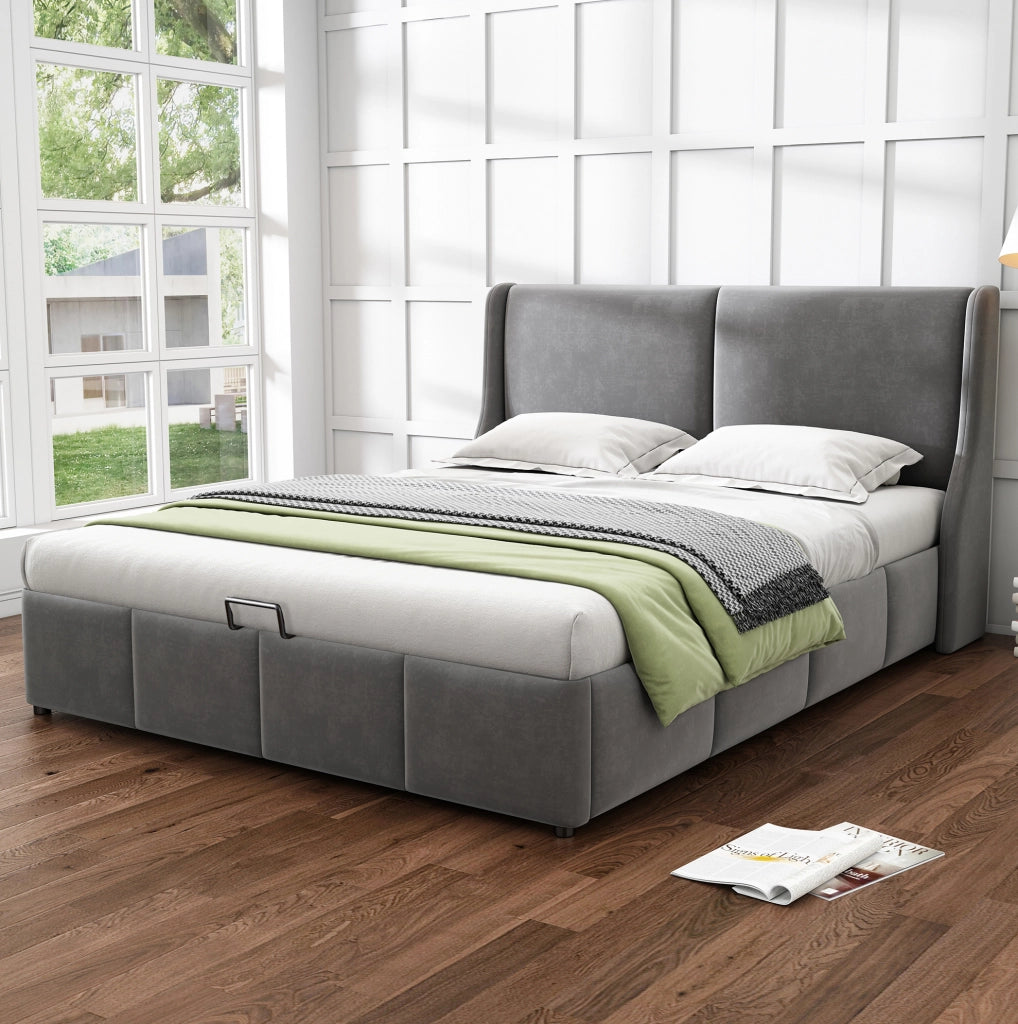 Letto matrimoniale con contenitore e rete 180x200 cm in velluto grigio; testiera sagomata