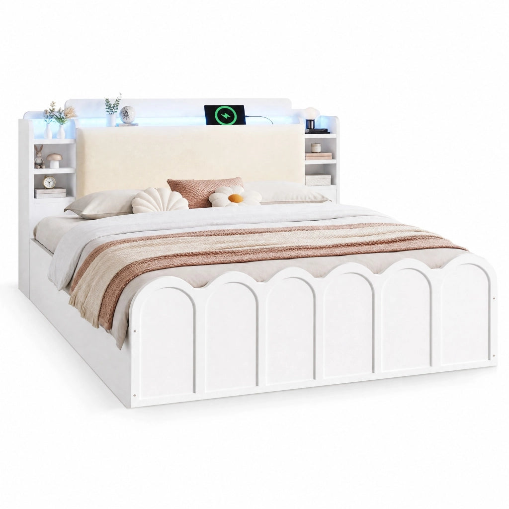 Letto a una piazza e mezza 140x200 cm con contenitore idraulico; LED e porte USB; bianco