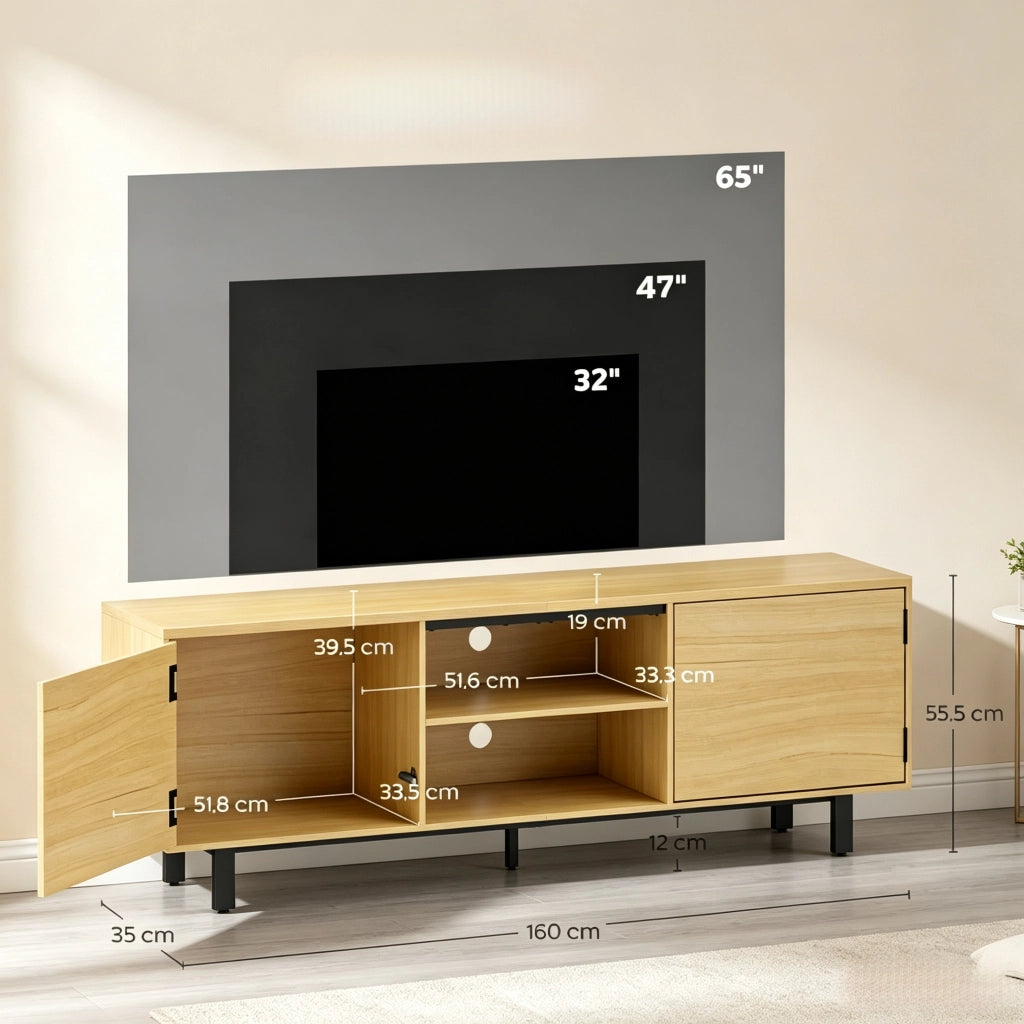 Mobile TV 160 cm per schermi fino a 65", con 2 ante a pressione e 2 vani aperti, naturale e nero