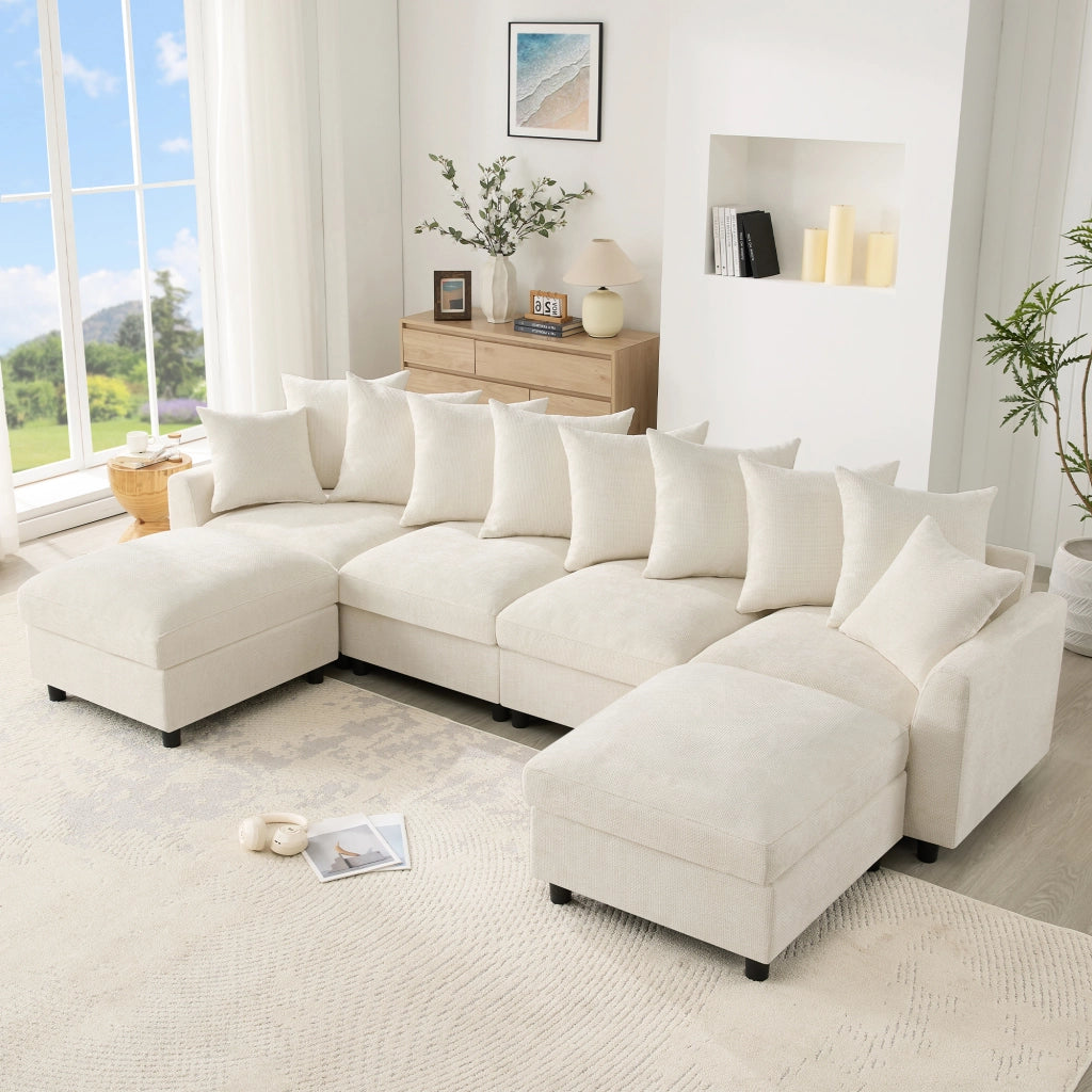 SOFA Modulare a U/L 6 posti 283x153,5x78,5 cm Chenille Beige con 2 pouf