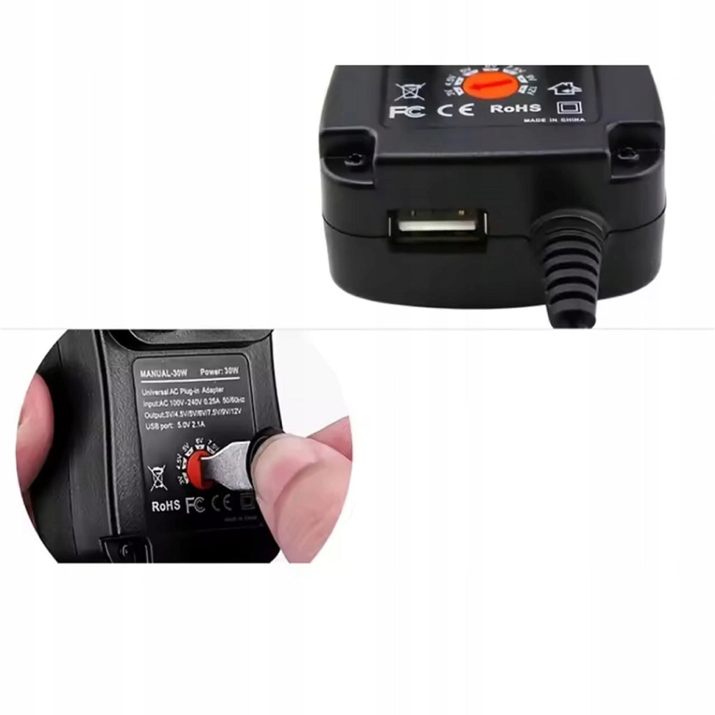 Alimentatore Universale DC 30W – Regolabile 3–12V, 1.2A | 6 Connettori Elbow, USB | Compatto, Certificato CE, FCC, RoHS