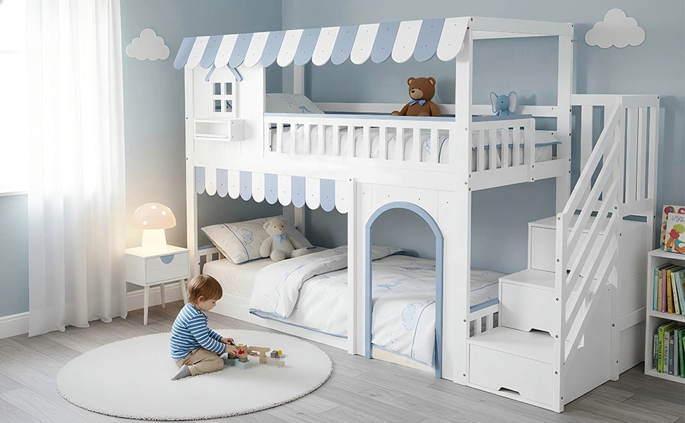 Letto a castello per bambini con scala armadio e finestre, 90x200 cm, bianco/blu