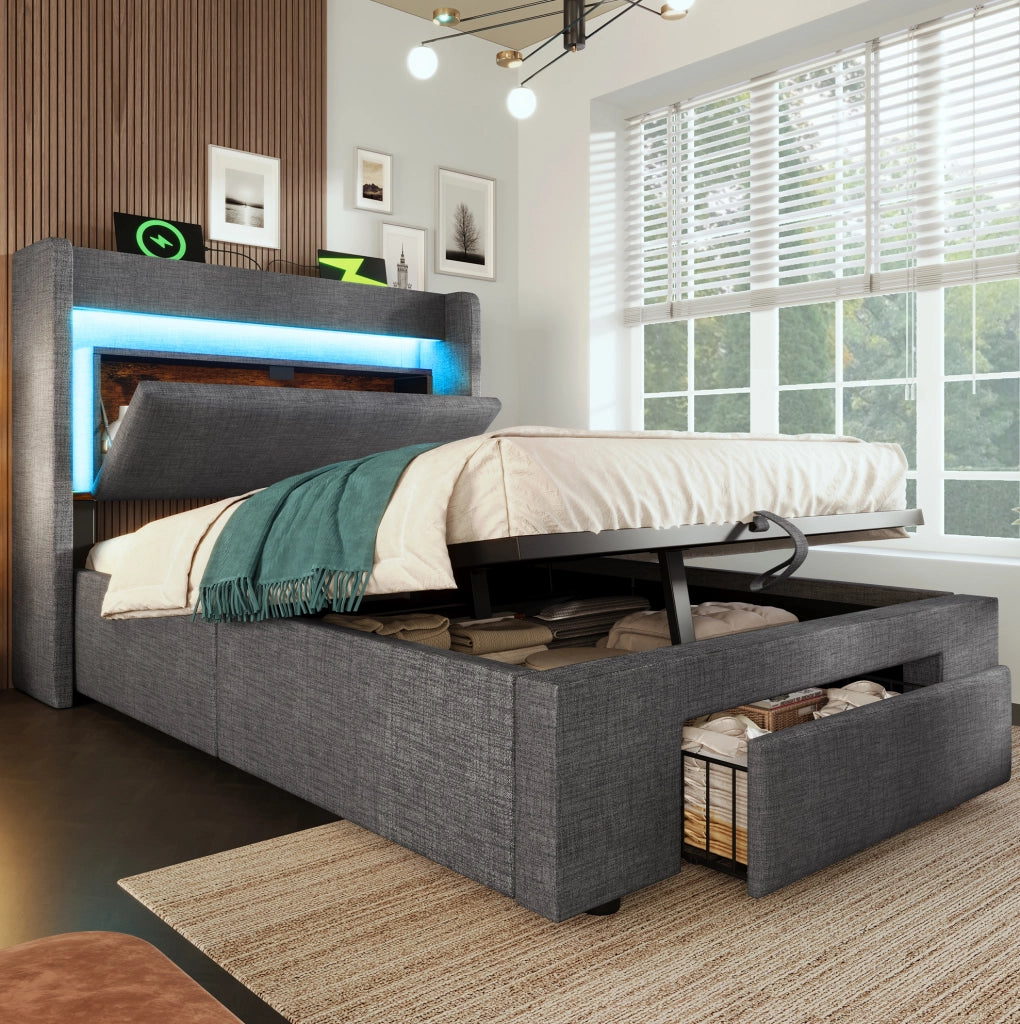 Letto singolo 90x200 cm con contenitore idraulico; LED; USB e USB-C; grigio