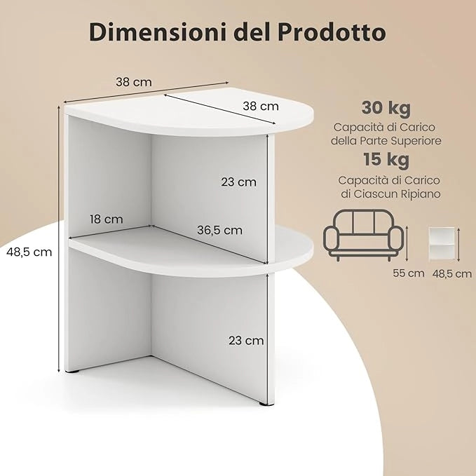Tavolino da Salotto Semicircolare, Tavolino a 2 Ripiani a Forma di Mezzaluna con Ripiani Aperti, Tavolo per Spazi Ridotti da Soggiorno e Camera da Letto, Bianco (1)
