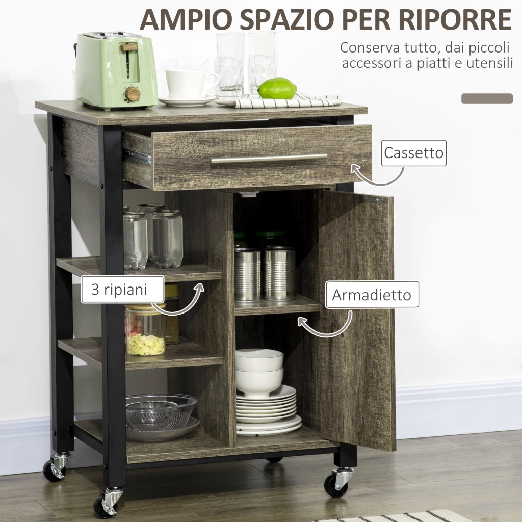 EasyComfort Carrello da Cucina Portavivande con Cassetto, Mensole, Armadietto e 4 Ruote, Legno Truciolare, 60x50x84.5cm, Quercia