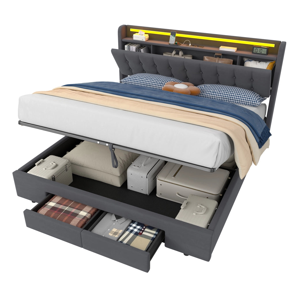 Letto matrimoniale imbottito 180x200 cm grigio scuro in velluto con contenitore, cassetti, LED e porta USB