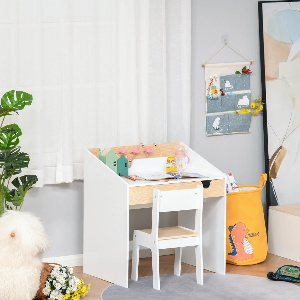 Scrivania per Bambini con Cassetto e Scaffale ¨C zephmum ¨C Bianco Legno 90x50x
