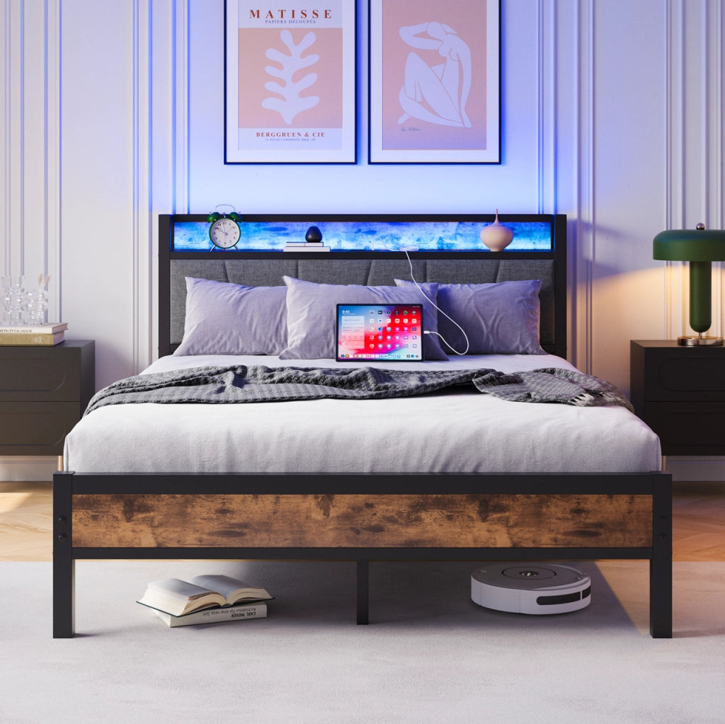 LETTO 140x200 cm con testiera contenitore, MDF e metallo, marrone antico